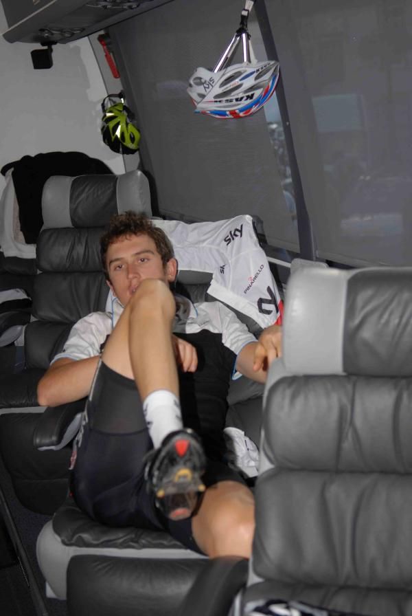 Geraint Thomas (Sky Professional Cycling Team) relaxes on the Team Sky bus