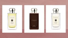 Collage of three of the best Jo Malone Perfumes featured in this guide – Lime, Basil and Mandarin; Myrrh and Tonka; and Peony and Blush Suede – against a dark pink watercolour-style background