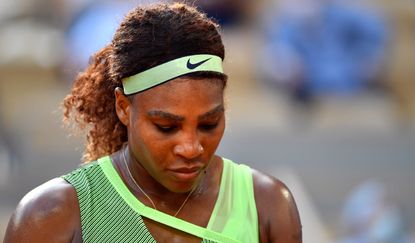 Serena Williams of USA looks on during her Women's Singles fourth round match against Elena Rybakina of Kazakhstan on day eight of the 2021 French Open at Roland Garros on June 06, 2021 in Paris, France.
