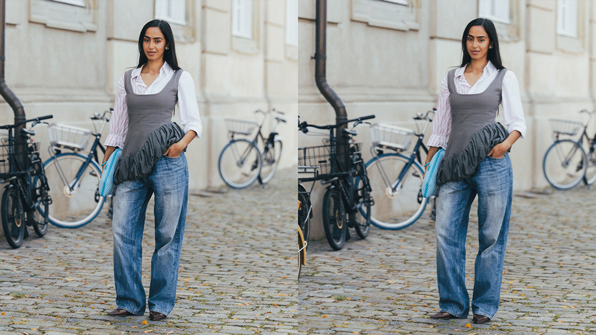 Woman wears jeans whit button down and tank top with fringe hem. 