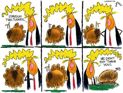 Political cartoon U.S. Thanksgiving Trump pardon turkeys politicians