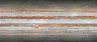 A cylindrical projection of Jupiter's surface from the "Journey to Jupiter" project led by Peter Rosén in Stockholm. Rosén's team combined more than 1,000 high-resolution photos of Jupiter taken over the course of 102 days to create a time-lapse video.