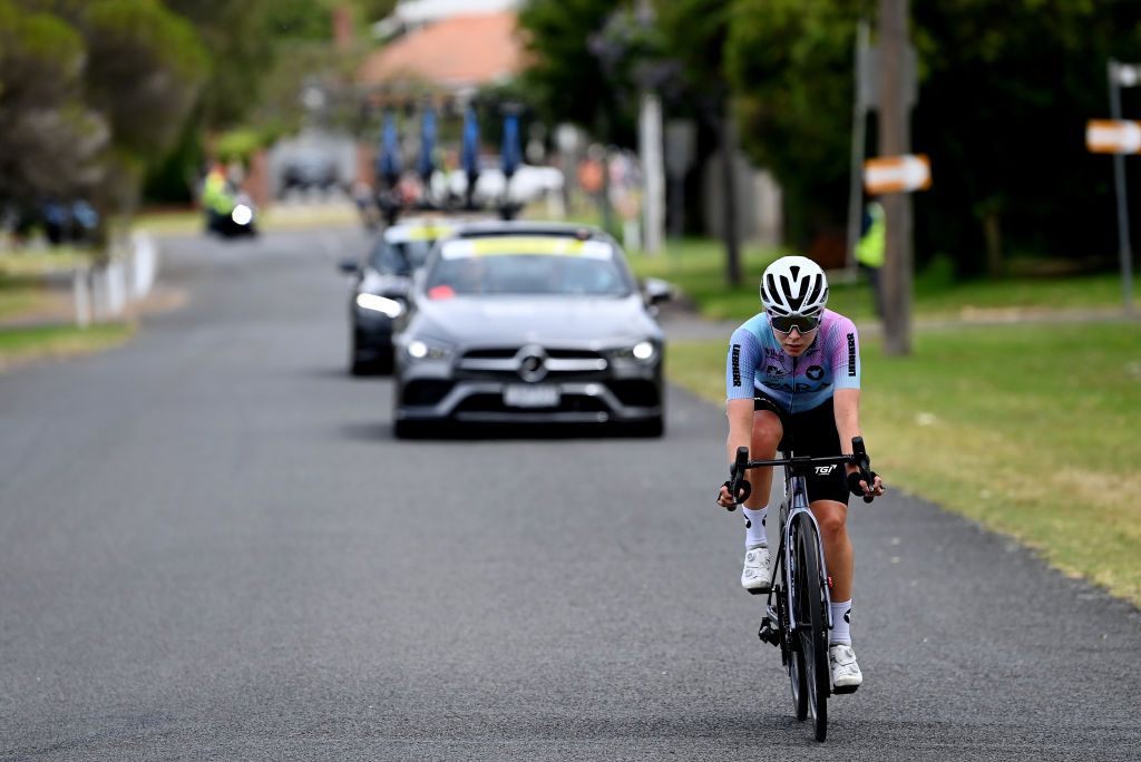 GEELONG AUSTRALIA JANUARY 28 Alisha Wells of Australia and Team ARA Skip Capital Sunshine Coast competes in the breakaway during the 7th Cadel Evans Great Ocean Road Race 2023 Womens Elite a 1408km one day race from Geelong to Geelong CadelRoadRace UCIWWT on January 28 2023 in Geelong Australia Photo by Tim de WaeleGetty Images