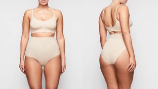 Skims beige high waist briefs and bralette front and back shown on model