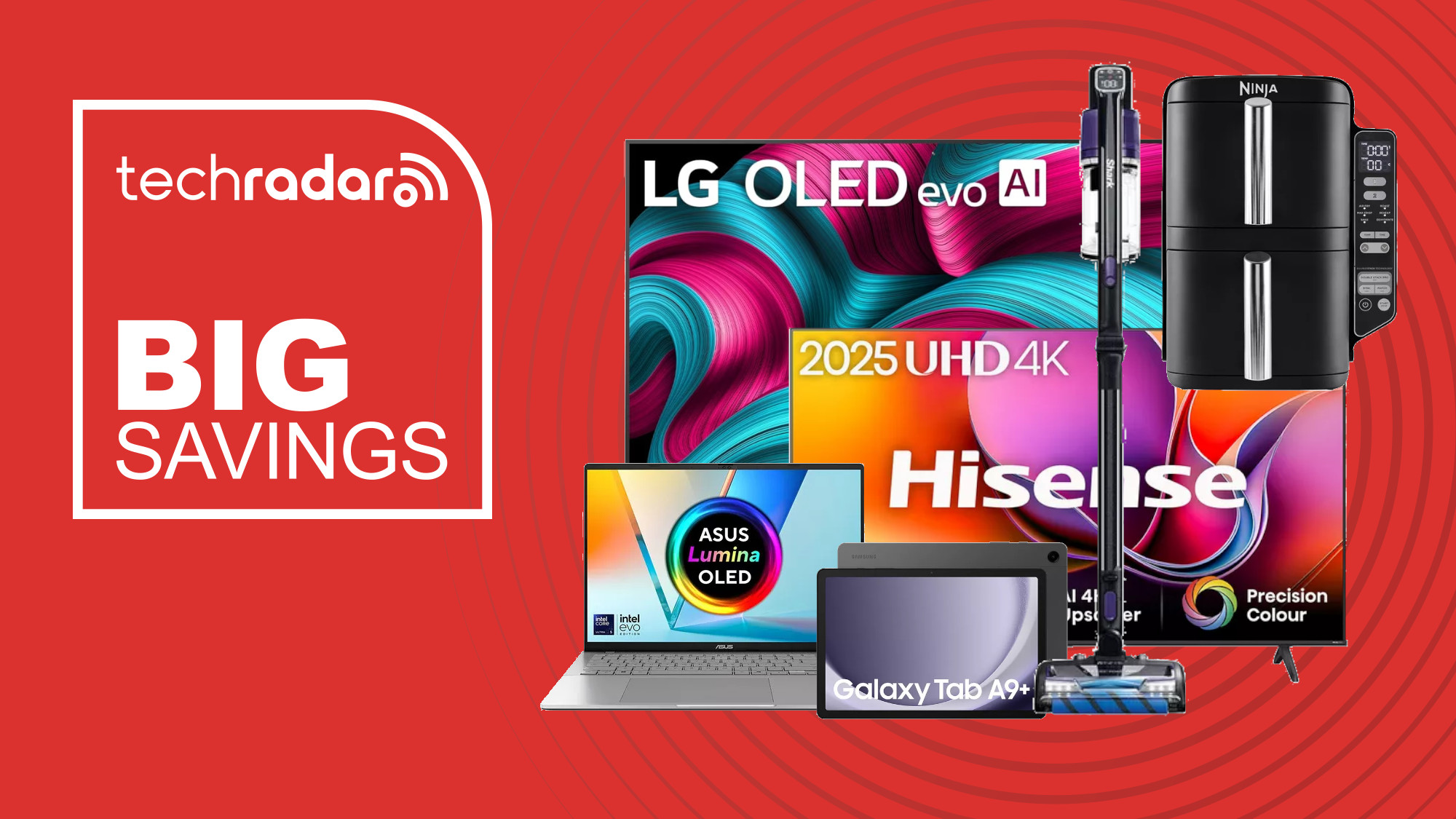 Collage of tech from the Currys Epic Deal sale, including LG TV, Hisense TV, Ninja air fryer, Shark vacuum, Asus laptop and Samsung tablet