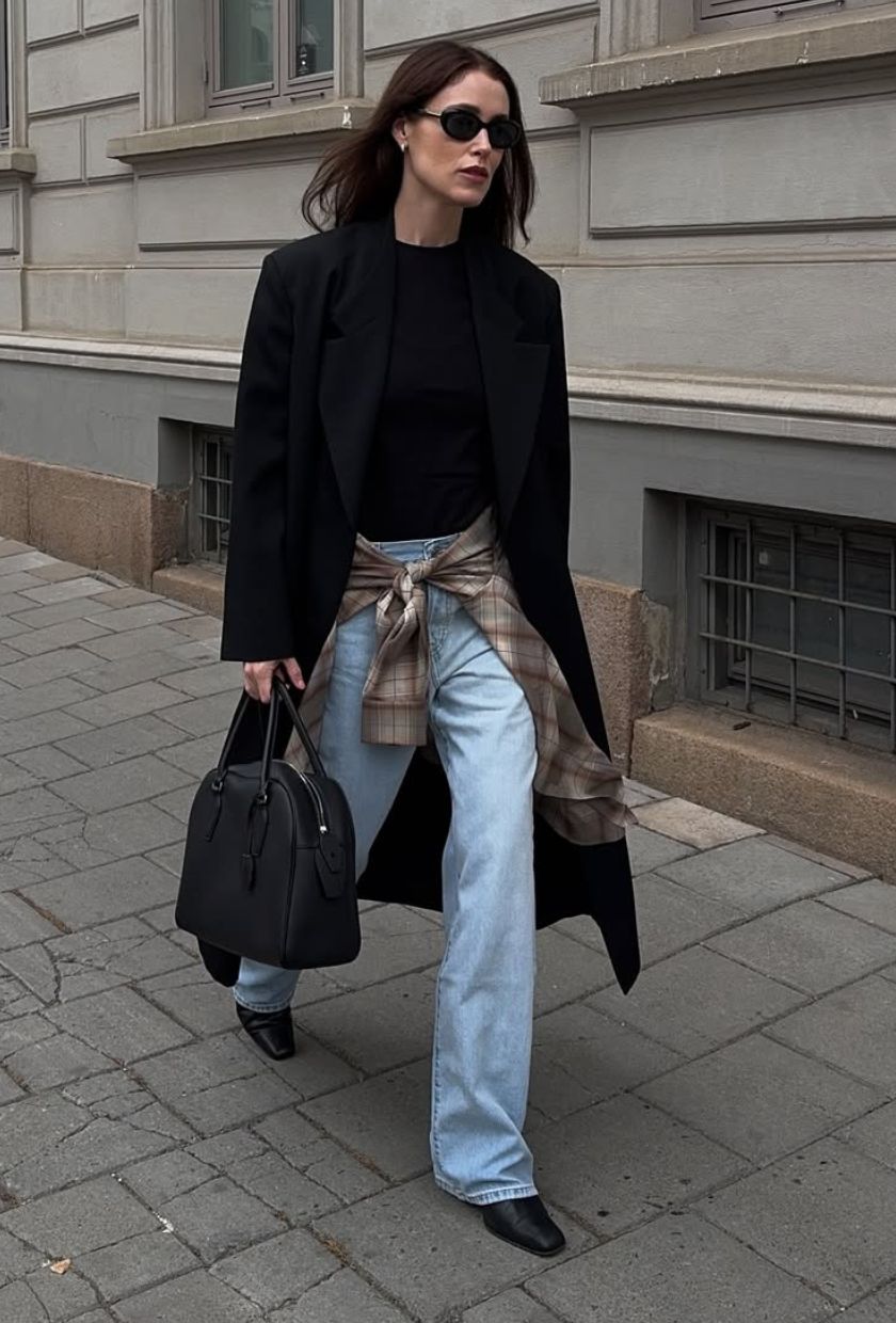 @annabelrosendahl wears a black wool coat, jumper, brown flannel, light-blue jeans, black boots and a bowling bag