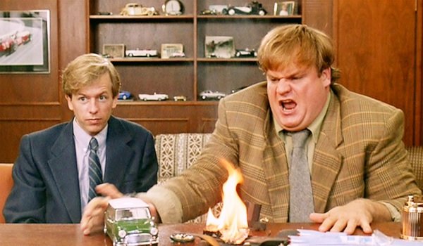 Tommy Boy David Spade and Chris Farley burning car gag