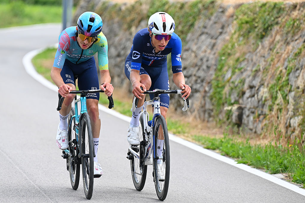 VICENZA ITALY MAY 23 LR Christian Scaroni of Italy and Team XDS Astana and Lorenzo Germani of Italy and Team Groupama FDJ compete in the breakaway during the 108th Giro dItalia 2025 Stage 13 a 180km stage from Rovigo to Vicenza UCIWT on May 23 2025 in Vicenza Italy Photo by Tim de WaeleGetty Images