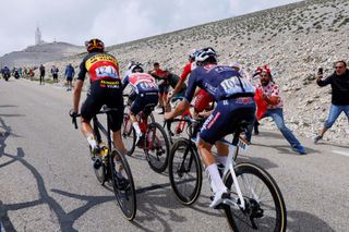 Breakaway riders climb the Mont Ventoux during the 11th stage of the 108th edition of the Tour de France cycling race 198 km between Sorgues and Malaucene on July 07 2021 Photo by Thomas SAMSON AFP Photo by THOMAS SAMSONAFP via Getty Images
