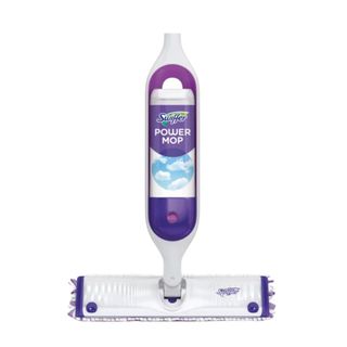 The Swiffer PowerMop with a white and purple plastic base, a purple and blue bottle inside it, and a white mop head