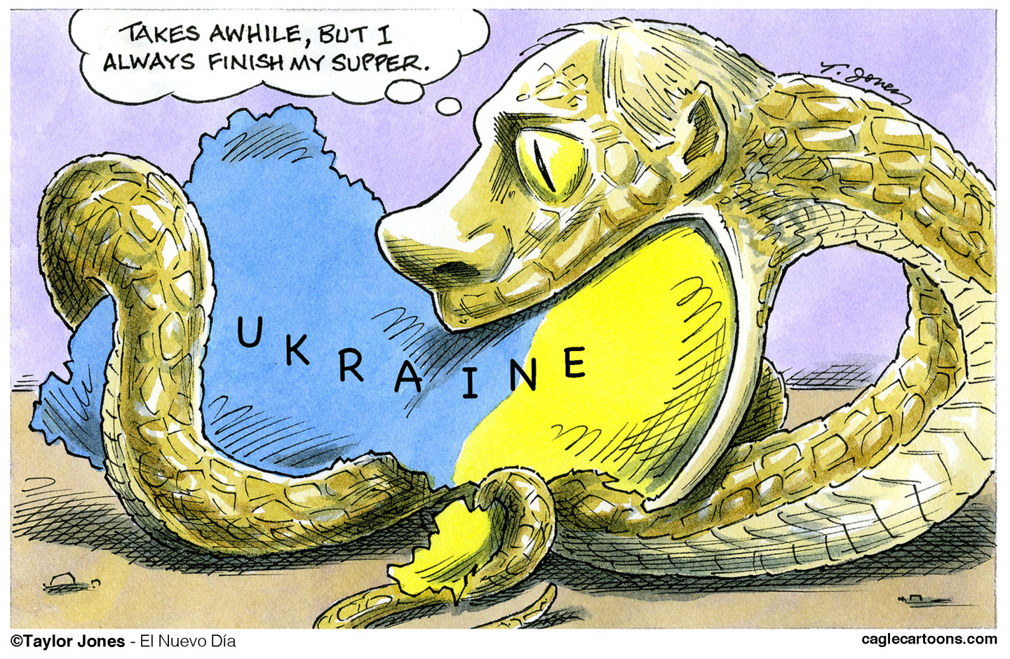 This cartoon depicts Vladimir Putin as a snake gobbling up a map of Ukraine. He thinks to himself, “Takes awhile, but I always finish my supper.”