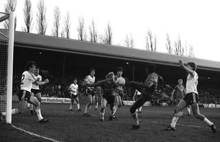 Milton Graham scores Bournemouth's first goal against Manchester United in the FA Cup, 1984