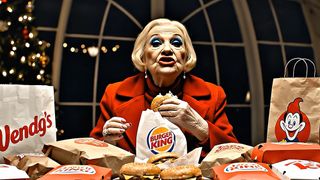 A screenshot of an AI-generated video in which an elderly lady eats a Burger King burger