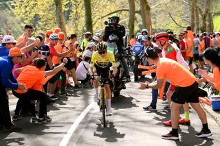 EIBAR SPAIN APRIL 08 Jonas Vingegaard of Denmark and Team Jumbo Visma Yellow Leader Jersey competes in the breakaway compete while fans cheers during the 62nd Itzulia Basque Country Stage 6 a 1378km stage from Eibar to Eibar UCIWT on April 08 2023 in Eibar Spain Photo by David RamosGetty Images