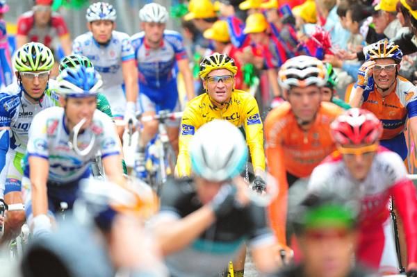 Race leader Thomas Voeckler (Europcar) finishes in the peloton in Lavaur.