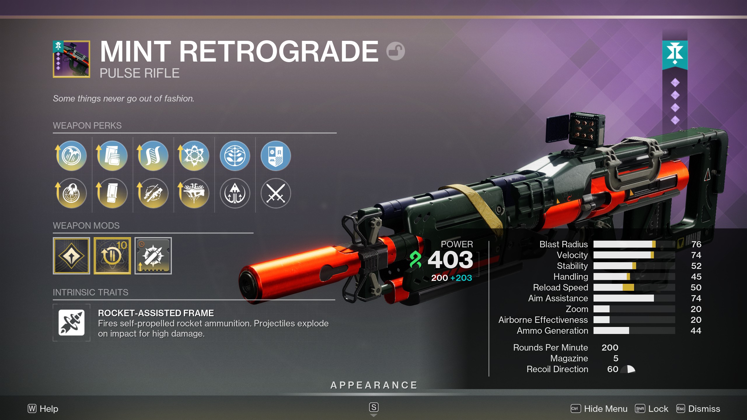 Mint Retrograde, a rocket pulse rifle.