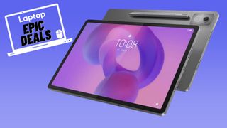 Gray Lenovo Idea Tab with Lenovo Pen against blue gradient background.