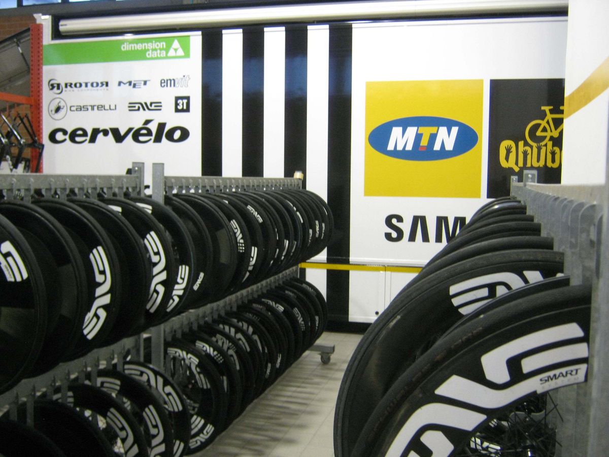 The racks of Enve wheels in the service course