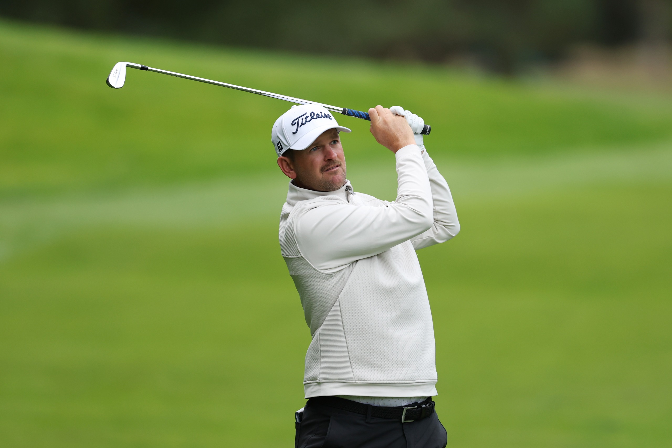 Bernd Wiesberger in the finish position with an iron