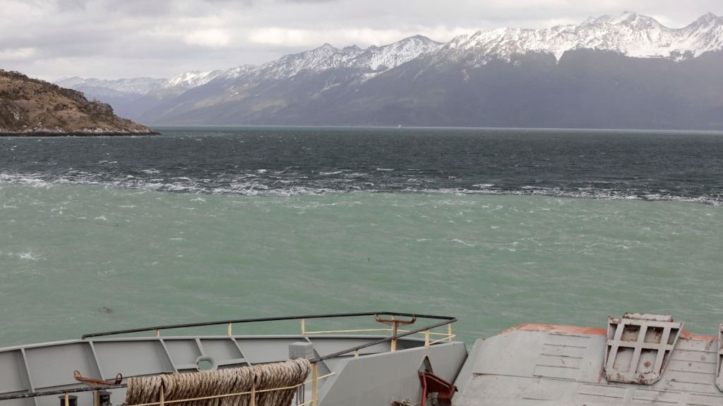 Where the two oceans meet as seen from a boat. 