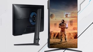 Samsung Odyssey G3 monitor with view of back and in vertical mode