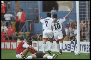 Aljosa Asanovic and Zvonimir Boban celebrate a goal for Croatia against Denmark at Euro 96.