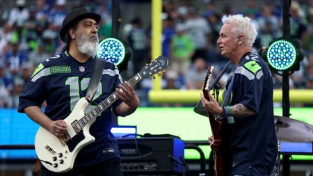 Kim Thayil of Soundgarden and Mike McCready perform during halftime in the game between the Seattle Seahawks and the New England Patriots