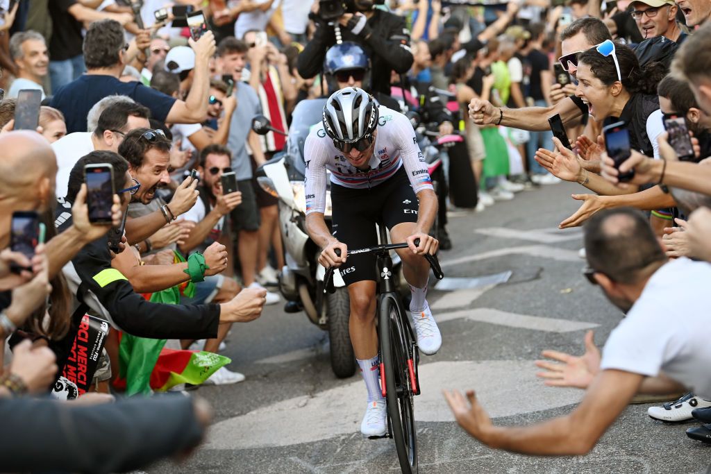 Tadej Pogačar (UAE Team Emirates) attacks solo from the front group