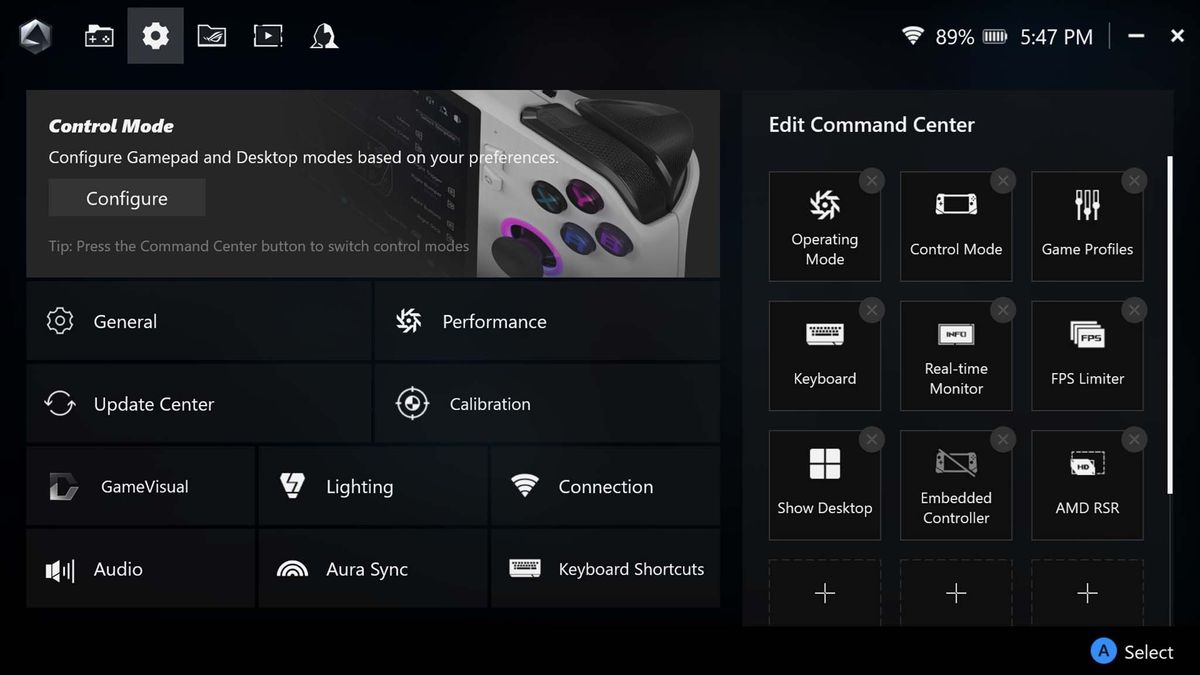 ROG Ally X ROG Ally X Armoury Cate SE 1.5 settings.