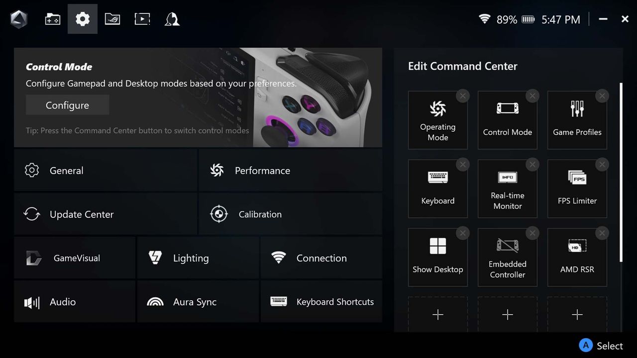 ROG Ally X ROG Ally X Armoury Cate SE 1.5 settings.