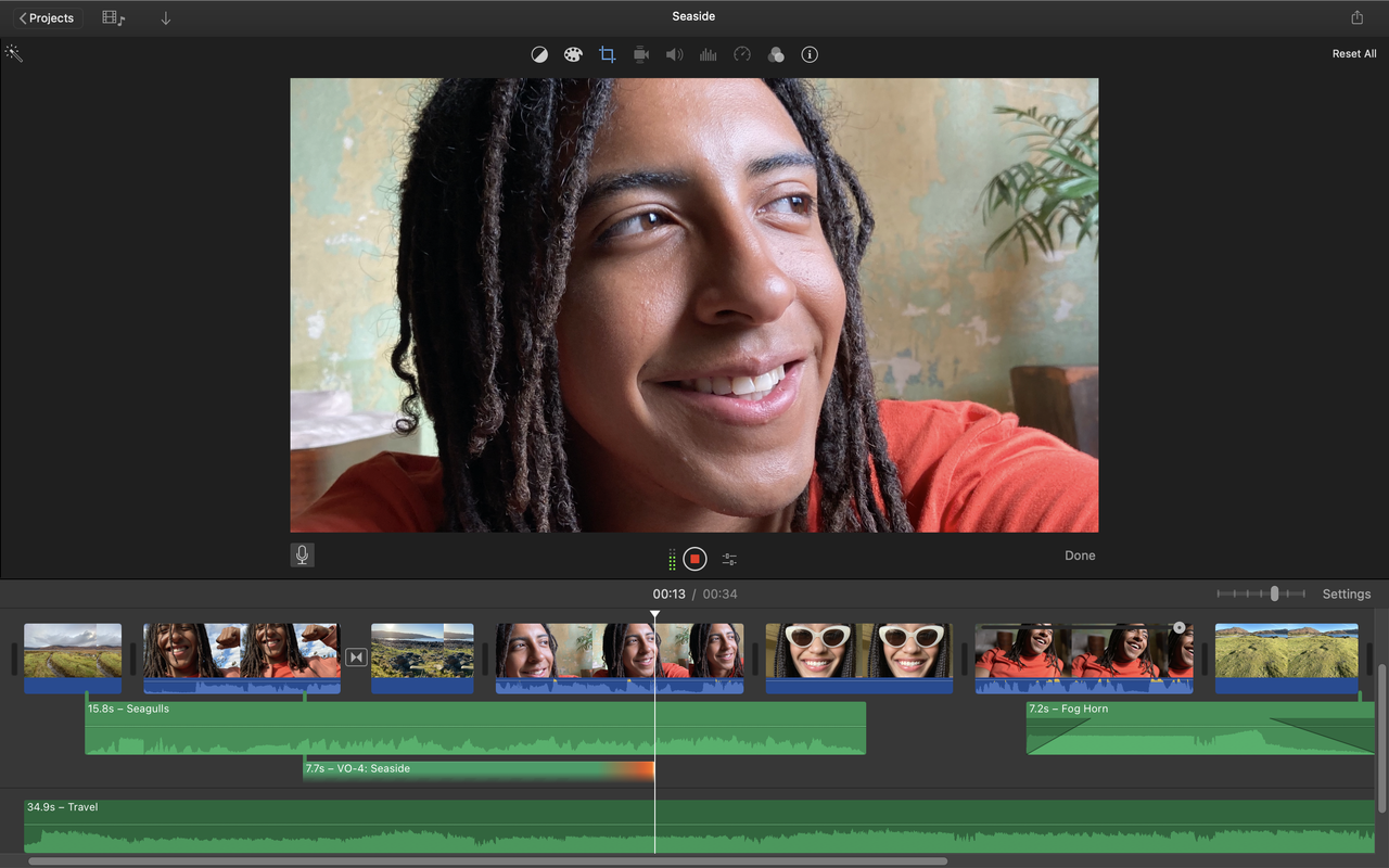 The Apple iMovie editing interface, showing a video being edited.
