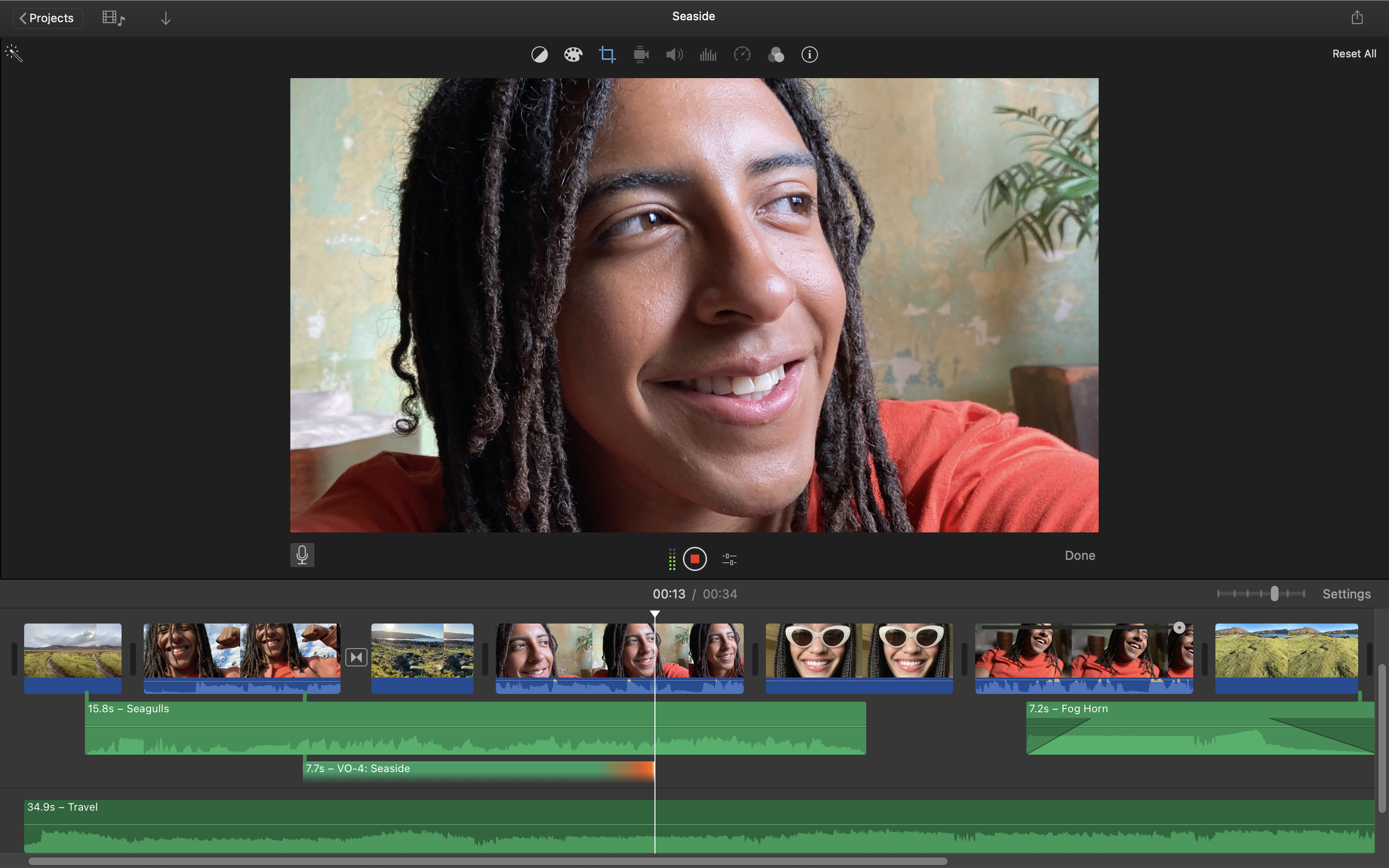 The Apple iMovie editing interface, showing a video being edited.