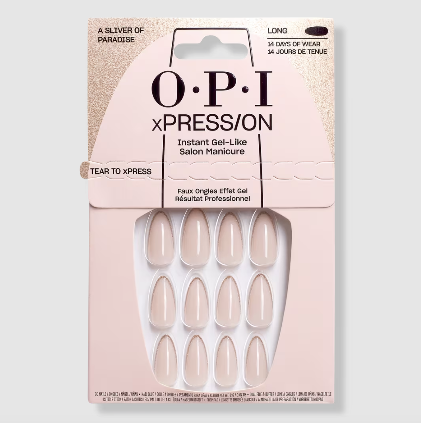 a pair of press-on french nails with slim gold tips