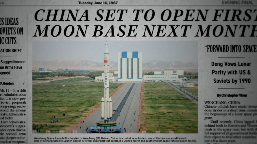 A newspaper clipping about China building their first moon base, shown in the sci-fi TV show "For All Mankind"