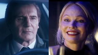 Liam Neeson, stone-faced and behind the wheel as Lt. Frank Drebin Jr in The Naked Gun (2025), Pamela Anderson all smiles and looking stunning in the same film.
