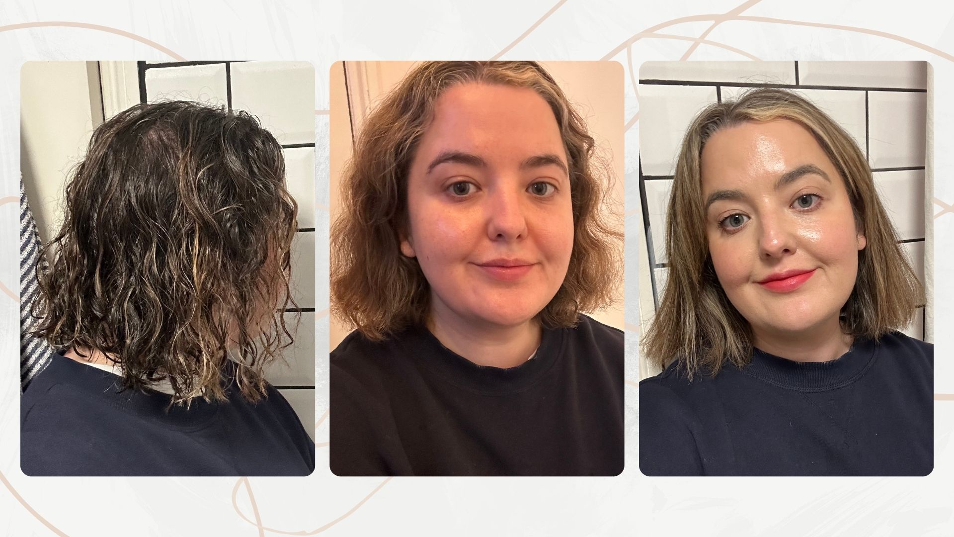Three images of senior beauty editor Rhiannon Derbyshire - before, during and after using the Shark SilkiPro Straight for the review