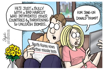 Political Cartoon U.S. bad haircut Donald Trump Kim Jong Un