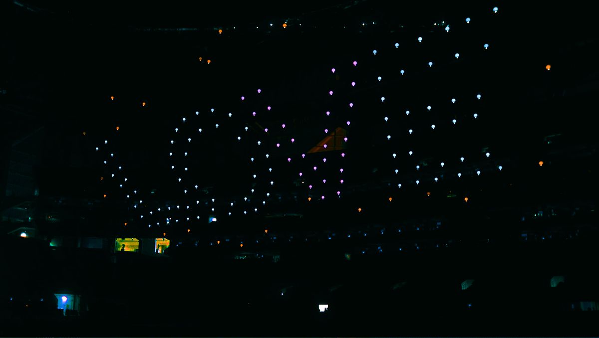 One hundred fifty enhanced Intel Shooting Star drones fly during rehearsals for the Pepsi Super Bowl LIII Halftime Show. (Credit: Intel Corporation)