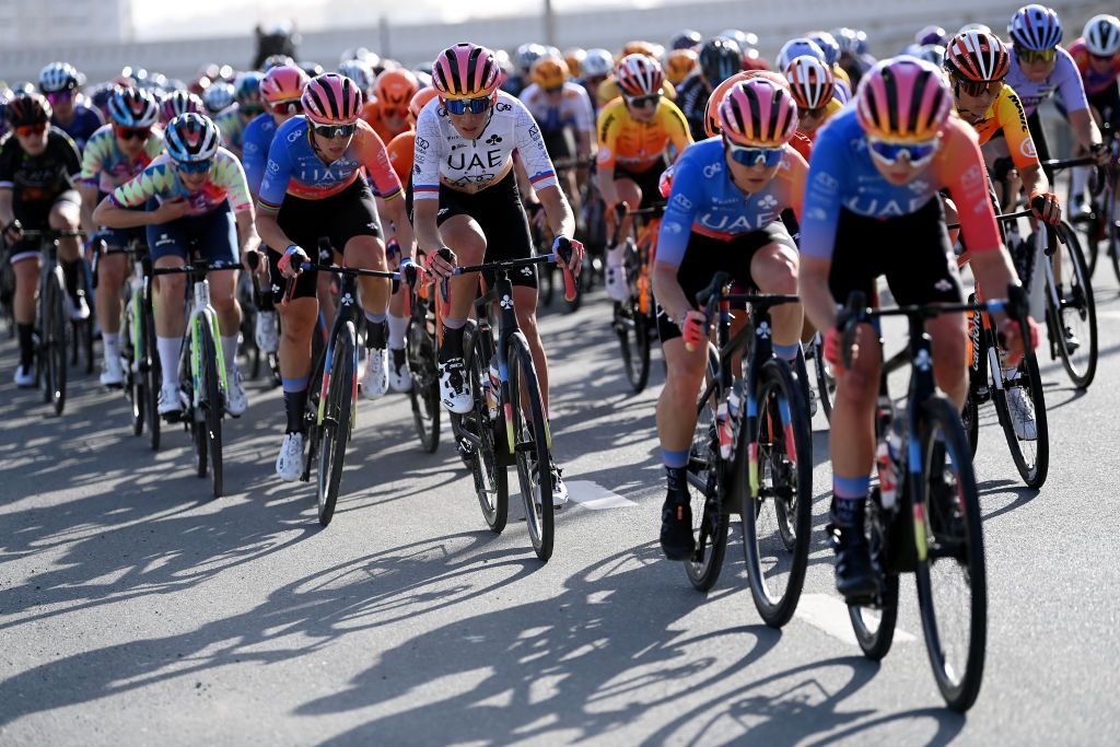 DUBAI UNITED ARAB EMIRATES FEBRUARY 09 Eugenia Bujak of Slovenia and UAE Team ADQ competes during the 1st UAE Tour Women 2023 Stage 1 a 109km stage from Port Rashid to Dubai Harbour UAETourWomen on February 09 2023 in Dubai United Arab Emirates Photo by Tim de WaeleGetty Images