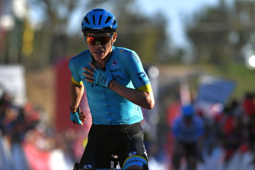 ALTO DO MALHO LOUL PORTUGAL FEBRUARY 22 Arrival Miguel ngel Lpez of Colombia and Team Astana Pro Team Celebration during the 46th Volta ao Algarve 2020 Stage 4 a 1697km stage from Albufeira to Alto do Malho 518m Loul VAlgarve2020 on February 22 2020 in Alto do Malho Loul Portugal Photo by Tim de WaeleGetty Images
