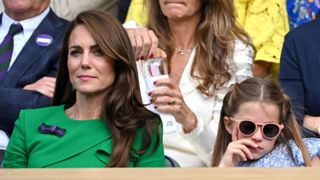 Catherine, Princess of Wales and Princess Charlotte of Wales watch Carlos Alcaraz vs Novak Djokovic in the Wimbledon 2023 men's final on Centre Court during day fourteen of the Wimbledon Tennis Championships at the All England Lawn Tennis and Croquet Club on July 16, 2023 in London, England