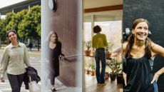 Woman doing steps in different ways, including walking with friends, walking up the stairs in the office, doing gardening, and at the gym