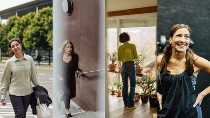 Woman doing steps in different ways, including walking with friends, walking up the stairs in the office, doing gardening, and at the gym