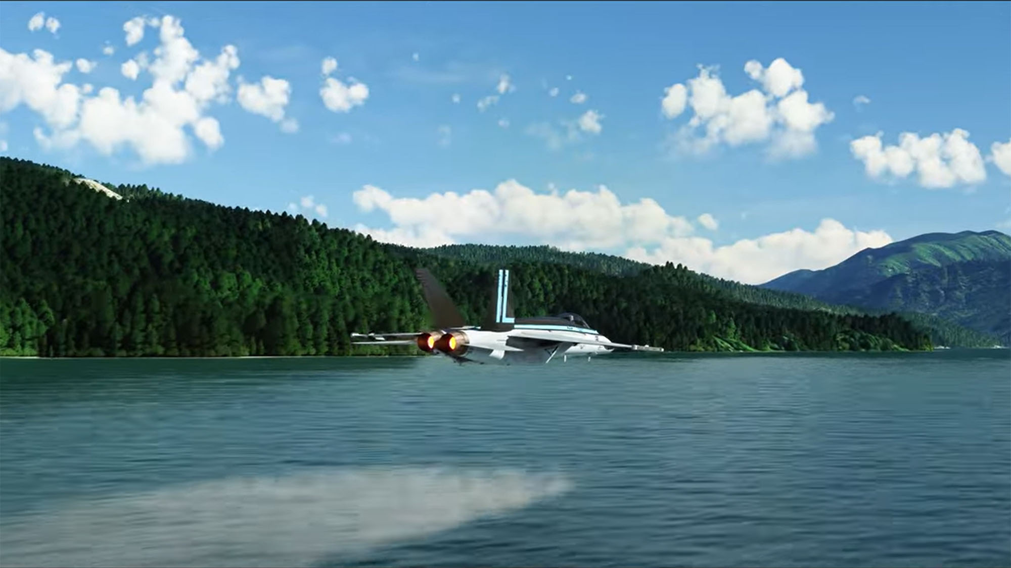 A fighter jet soaring down a river valley in Microsoft Flight Simulator