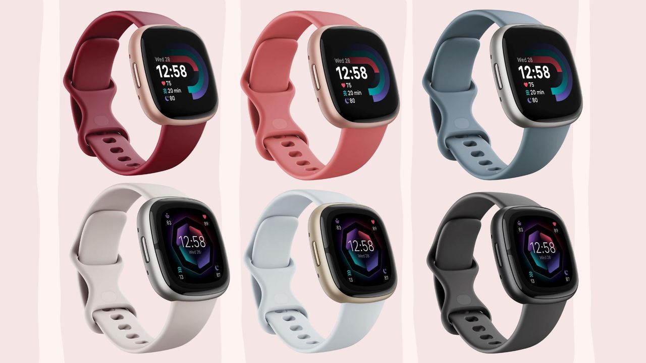 Fitbit Versa 4 vs Sense 2 in all colourways, collage