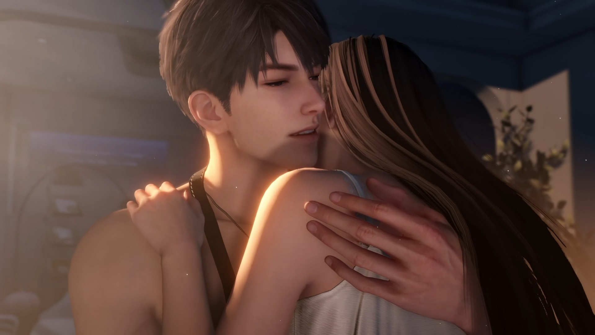 A woman embraces a muscled man wearing an apron while shirtless in Love and Deepspace's Indulgent Scheme event