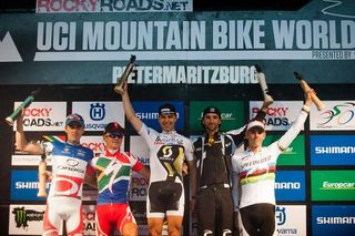 Elite men's cross country podium in Pietermaritzburg