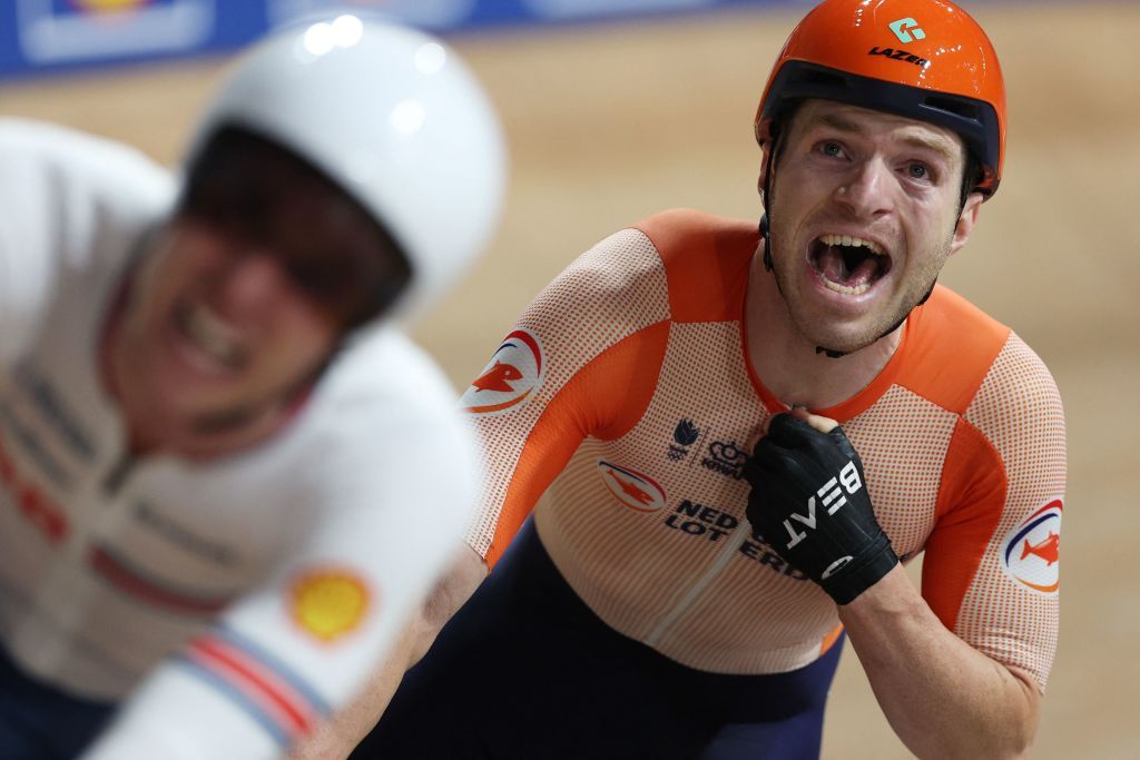 Netherlands Yoeri Havik celebrates winning the mens Elite Madison race at the UCI Cycling World Championships in Glasgow Scotland on August 8 2023 Photo by Adrian DENNIS AFP Photo by ADRIAN DENNISAFP via Getty Images