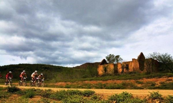Racing past some ruins.