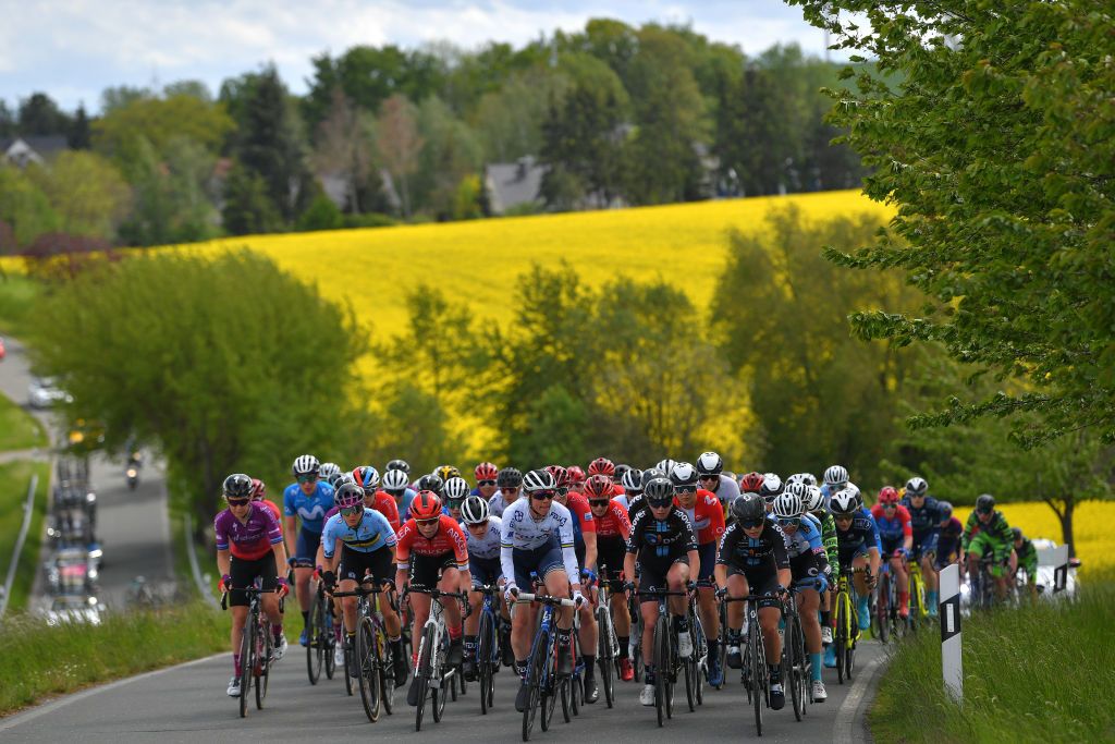 SCHMOLLN GERMANY MAY 25 Amy Pieters of Netherlands and Team SD Worx Charlotte Becker of Germany and Arkea Pro Cycling Team Emilia Fahlin of Sweden and Team FDJ Nouvelle Aquitaine Futuroscope Emma Norsgaard Jorgensen of Denmark and Movistar Team lead The Peloton during the 34th Internationale LOTTO Thringen Ladies Tour 2021 Stage 1 a 899km stage from Schmolln to Schmolln ltlt2021 lottothueringenladiestour womencycling on May 25 2021 in Schmolln Germany Photo by Luc ClaessenGetty Images